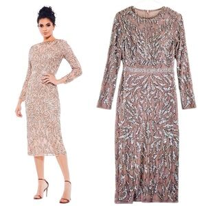 Mac Duggal Sheath Cocktail Dress Long Sleeve Sequin Formal Dress in Mocha Mauve